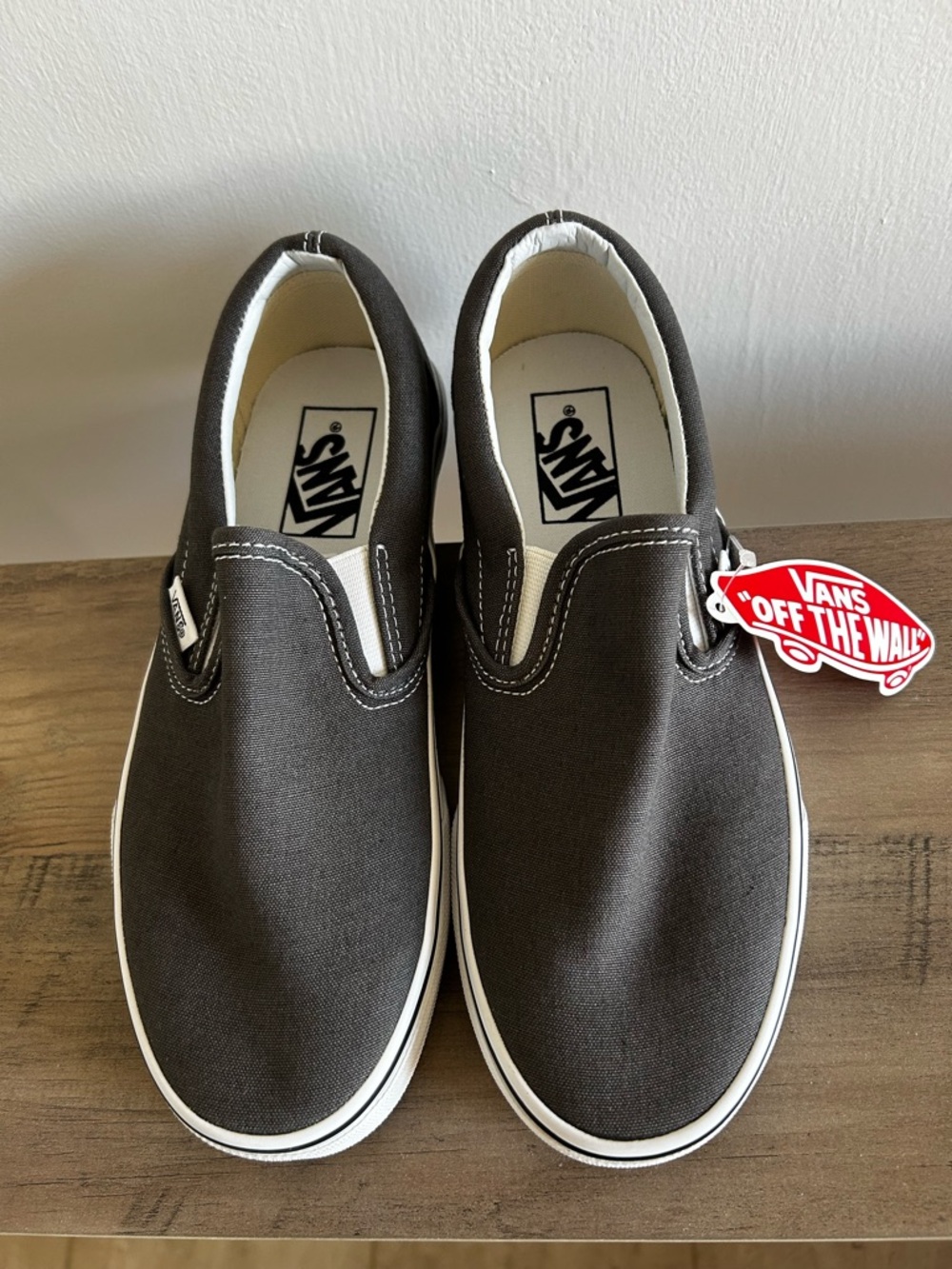Vans Charcoal Gray Slip-On Canvas Sneakers with White Soles - Picture 3 of 6